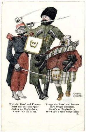 Kriegs-Postkarte Nr. 1: Weil der Russ' und Franzos ... (Franzose, Russe und Engländer) (verboten)