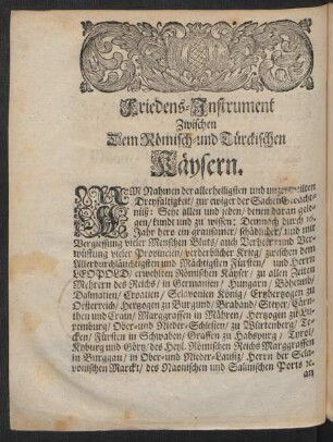 Friedens-Instrument Zwischen Dem Römisch- und Türckischen Käysern.