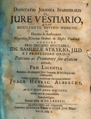 Disp. ... inaug. de iure vestiario
