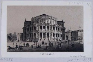 Der erste Bau der Semperoper (1841 erbaut, 1869 abgebrannt) auf dem Theaterplatz in Dresden, Blick nach Westen