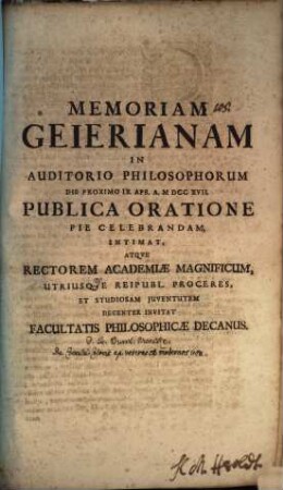 Memoriam Geierianam in auditorio philosophorum ... publica oratione pie celebrandam, intimat atque ... invitat Facultatis Philosophicae Decanus : [Programma de coerulei coloris apud veteres et modernos usu]