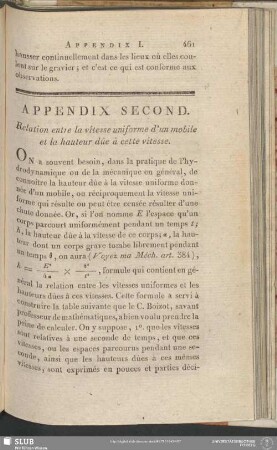 Appendix Second. Relation entre la vîtesse uniforme d'un mobile et la hauteur dûe à cette vîtesse