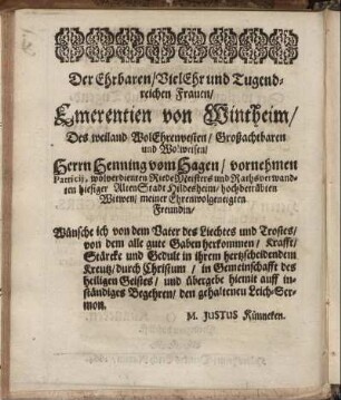 Der Ehrbaren, Viel Ehr und Tugendreichen Frauen, Emerentien von Wintheim [...]