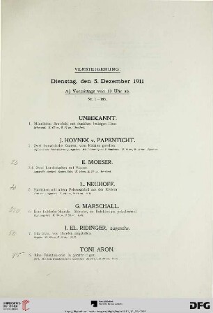 Versteigerung: Dienstag, den 5. Dezember 1911 (Nr. 1-367)