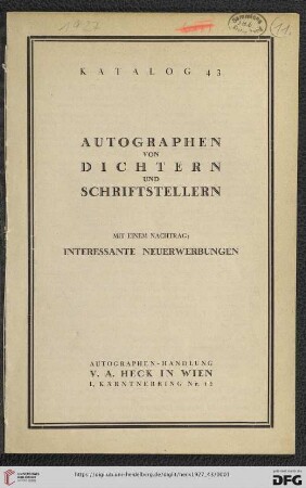 Nr. 43: Katalog: Autographen von Dichtern und Schriftstellern : mit einem Nachtrag: Interessante Neuerwerbungen