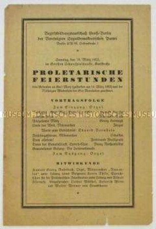 Programm einer "proletarischen Feierstunde" anlässlich des 40. Todestages von Karl Marx