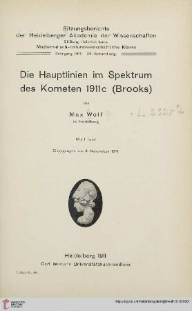 Die Hauptlinien im Spektrum des Kometen 1911 c (Brooks)