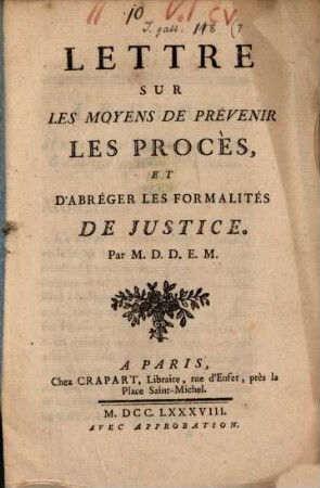 Lettre sur le moyens de prévenir les procès