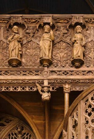 Frankreich. Bretagne. Finistere. Lambader. Chapelle Notre Dame. 15 Jahrhundert. Geschnitzter Lettner im Flamboyantstil. 1481