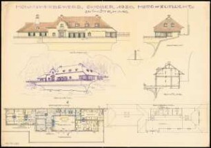 Skihütte Monatskonkurrenz November 1930: Grundriss Erdgeschoss, Dachgeschoss, Aufriss Südansicht, Seitenansicht, Querschnitt 1:100; perspektivische Ansicht