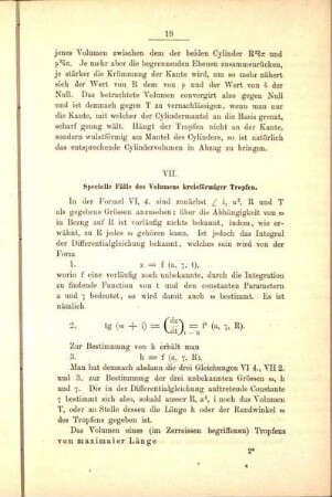 VII. Specielle Fälle des Volumens kreisförmiger Tropfen.