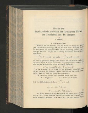 Theorie der Kapillarschicht zwischen den homogenen Phasen der Flüssigkeit und des Dampfes.