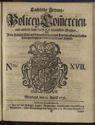 Nro. XVII, Montags, den 21. Aprill 1738