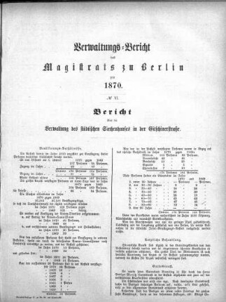 No. VI. Bericht über die Verwaltung des städtischen Siechenhauses in der Gitschinerstraße