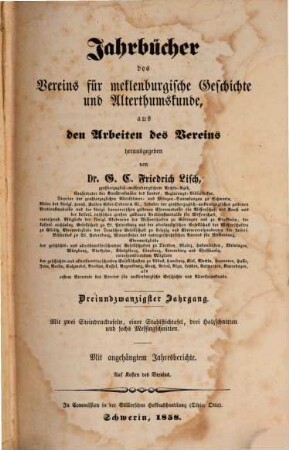 Jahrbücher des Vereins für Mecklenburgische Geschichte und Altertumskunde. 23, 23. 1858