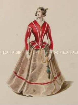 Frau in roter Jacke und bodenlangem hellbraunem Rock - Tafel aus Franceschini/Kostümbilder (Kassette 1)