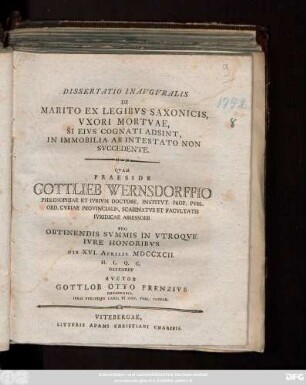 Dissertatio Inavgvralis De Marito Ex Legibvs Saxonicis, Vxori Mortvae, Si Eivs Cognati Adsint, In Immobilia Ab Intestato Non Svccedente