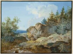 Waldlandschaft im Gebirge mit Herde und Gewässer