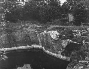 Vollgelaufene Grube : Wasserstand in einer Grube, oberhalb ein teilweise umgestürzter Zaun