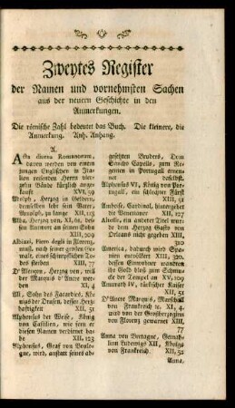 Zweytes Register der Namen und vornehmsten Sachen aus der neuern Geschichte in den Anmerkungen
