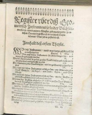 Register vber diß Geometrisch Instrument so zu der Büchsenmeisterey/ vnnd anderen Künsten gebraucht wirdt/ so in disem Tractat begriffen ist [...].