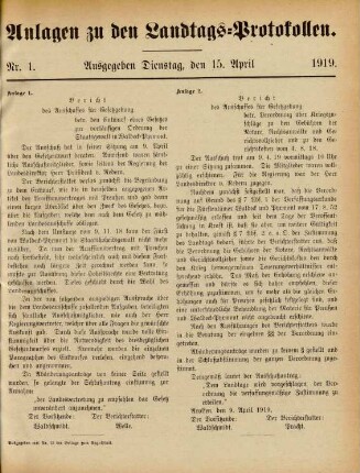 1919/1920, Nr. 1-Nr. 22 (15. April 1919/28. Dezember 1920): Verhandlungen der Verfassunggebenden Waldeck-Pyrmonter Landesvertretung / Waldeck-Pyrmont Verfassungsgebende Landesvertretung. - Mengeringhausen