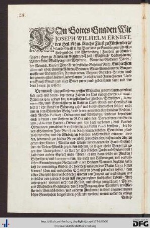 Von Gottes Gnaden Wir Joseph Wilhelm Ernest, des Heil. Röm. Reichs Fürst zu Fürstenberg ...