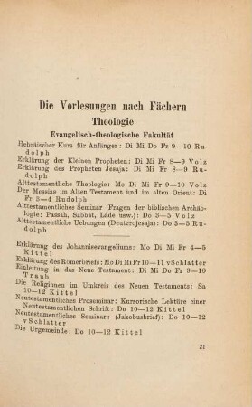 21-39, Die Vorlesungen nach Fächern