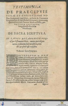 Testimonia De Praecipuis Verae Et Christianae Nostræ Religionis capitibus