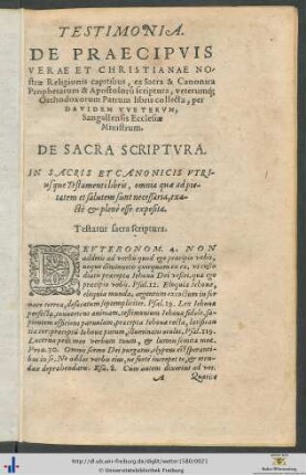 Testimonia De Praecipuis Verae Et Christianae Nostræ Religionis capitibus