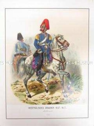 Uniformdarstellung, Stabstrompeter des Westfälischen Dragoner-Regiments No. 7 zu Pferd, Preußen, 1864. Tafel 36 aus: Schindler: Militair-Album.
