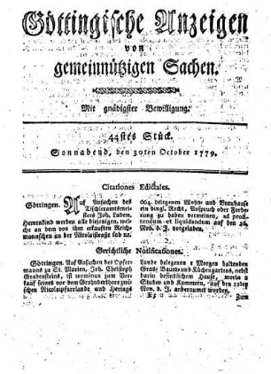 44tes Stück. Sonnabend, den 30ten October 1779.