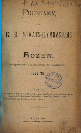 Programm des K.K. Staats-Gymnasiums in Bozen : veröffentlicht am Schlusse des Schuljahres ..., 1877/78