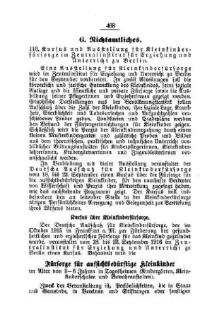 Kursus und Ausstellung für Kleinkinderfürsorge im Zentralinstitut für Erziehung und Unterricht zu Berlin : [G. Nichtamtliches]