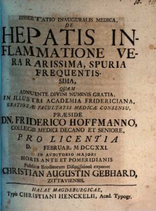 Dissertatio Inauguralis Medica, De Hepatis Inflammatione Vera Rarissima, Spuria Frequentissima