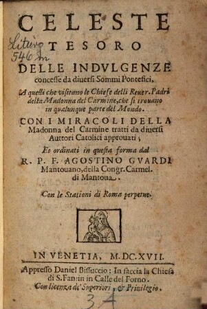 Celeste tesoro delle indulgenza concesse du diversi sommi pontefici