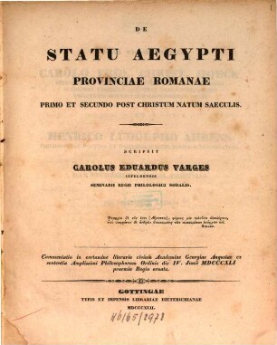 De statu Aegypti provinciae Romanae primo et secundo post Christum natum saeculis