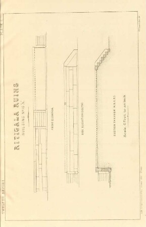 Plate E. Ritigala ruins. Building No. 16 "A" . Front elevation. Side elevation (south). Section through (A. B. C. D.)