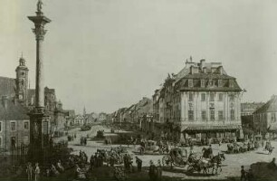 Warschau: Krakauer Vorstadt vom Krakauer Tor aus (links Sigismundus-Säule, rechts barocke Bürgerhäuser)