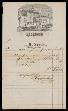 Rechnung für [Ludwig Emil Grimm] von H. Specht, Hotel d'Angleterre.