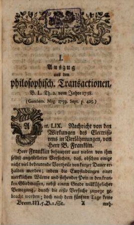 Bremisches Magazin zur Ausbreitung der Wissenschaften, Künste und Tugend, 5. 1761