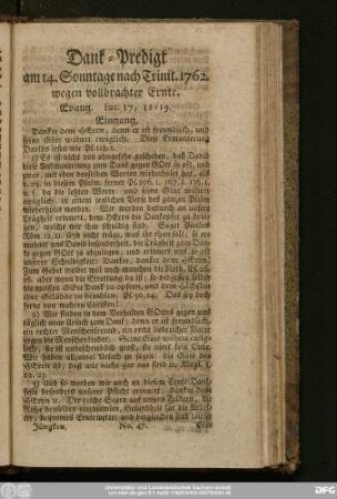 [No. 47.] Dank-Predigt am 14. Sonntage nach Trinit. 1762. wegen vollbrachter Erndte. Evang. Luc. 17, 11 - 19.