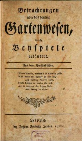 Betrachtungen über das heutige Gartenwesen : durch Beyspiele erläutert