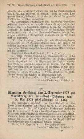 IV. Allgemeine Verfügung vom 2. September 1872 zur Ausführung der Grundbuch-Ordnung vom 5. Mai 1872