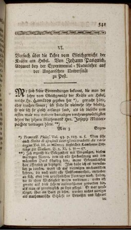 VI. Versuch über die Lehre vom Gleichgewicht der Kräfte am Hebel.