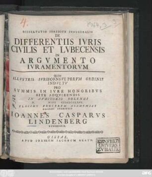 Dissertatio Ivridica Inavgvralis De Differentiis Ivris Civilis Et Lvbecensis In Argumento Ivramentorvm