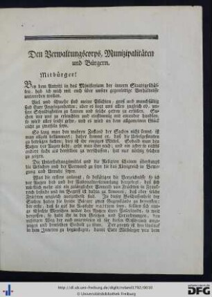 Den Verwaltungscorps, Munizipalitäten und Bürgern.