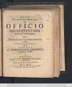 Dissertatio Moralis De Officio Delinquentium Intuitu Poenarum