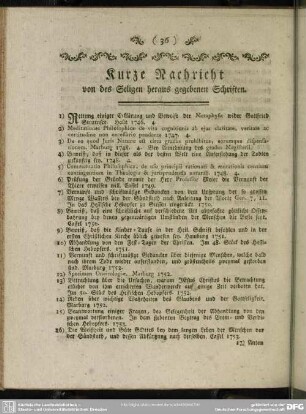 Kurze Nachricht von des Seligen heraus gegebenen Schriften