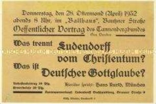 Ankündigung einer Veranstaltung des Tannenbergbundes am 28. April 1932 in Dresden mit einer Rede von Hans Kurth